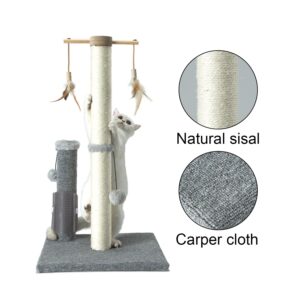 PAWSFANS Cat Scratching Post,Sisal Scratch Posts Vertical Scratcher for Indoor Cats and Kittens,with self Grooming Bursh and Interactive Toys 30 Inches Tall Grey