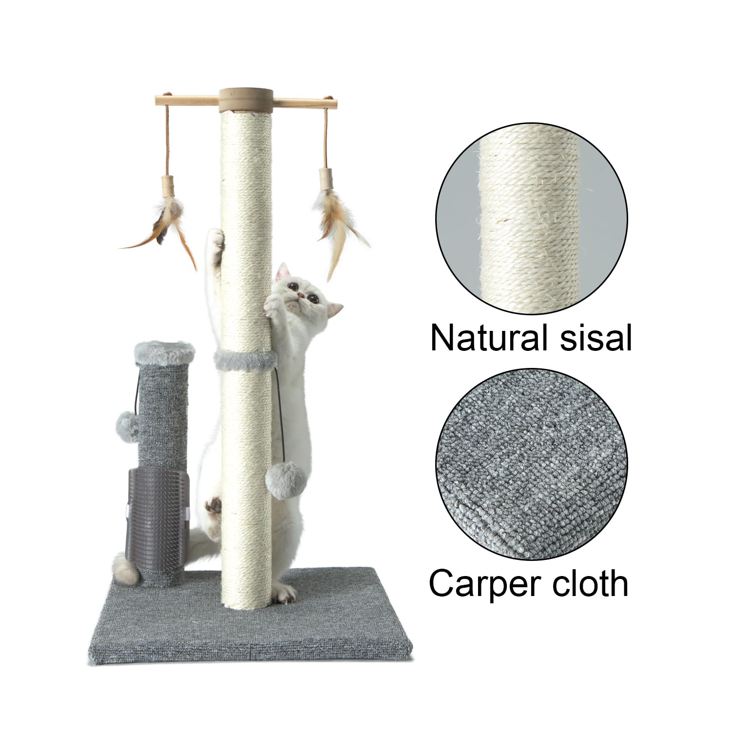 PAWSFANS Cat Scratching Post,Sisal Scratch Posts Vertical Scratcher for Indoor Cats and Kittens,with self Grooming Bursh and Interactive Toys 30 Inches Tall Grey