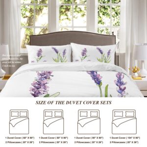 Shrahala Purple Plant Lavender Duvet Cover Set Queen Size, White Flowers Wildflower 3 Pieces Soft Brushed 100% Cotton Duvet Covers with Button Closure, 1 Duvet Cover 90x90 inches and 2 Pillow Shams