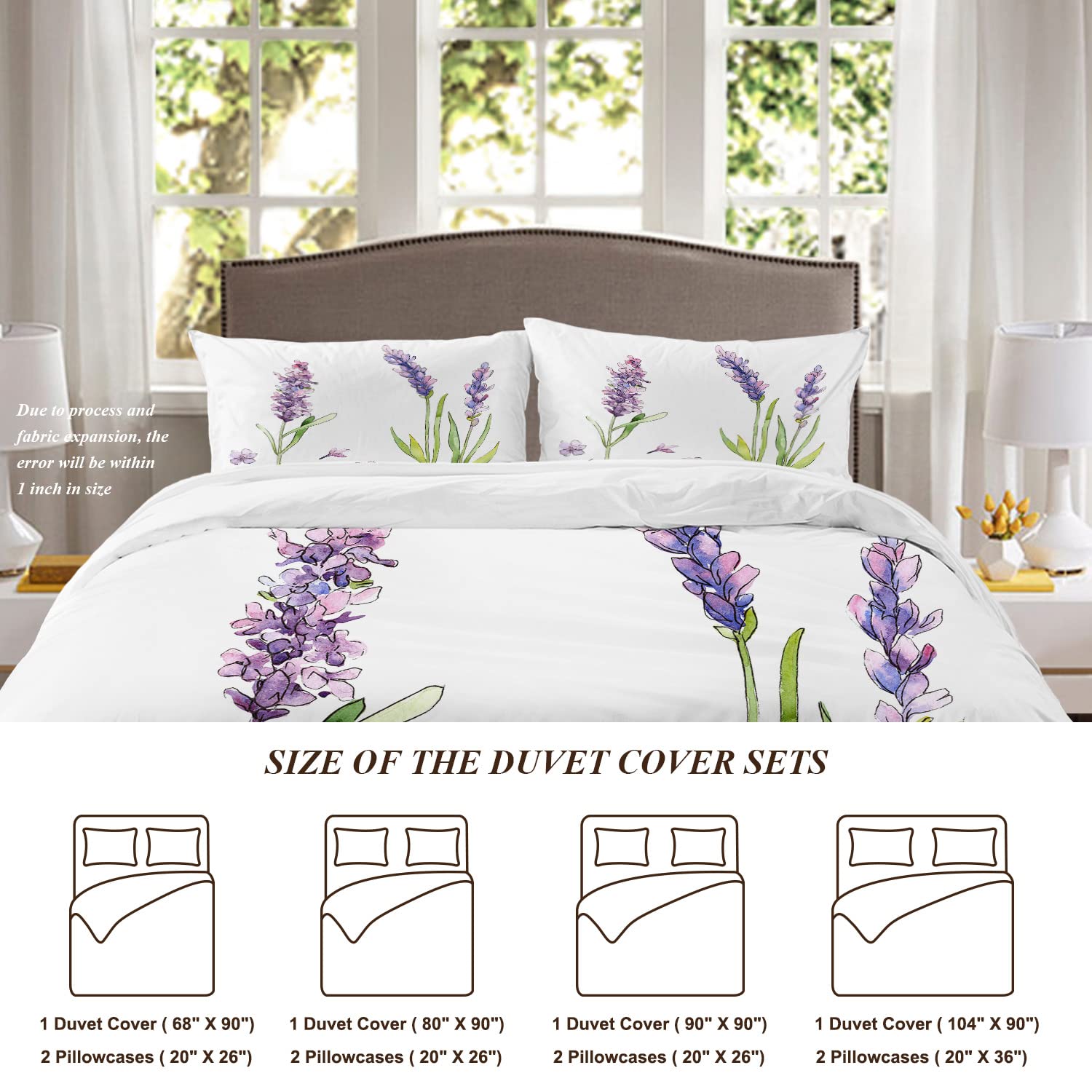 Shrahala Purple Plant Lavender Duvet Cover Set Queen Size, White Flowers Wildflower 3 Pieces Soft Brushed 100% Cotton Duvet Covers with Button Closure, 1 Duvet Cover 90x90 inches and 2 Pillow Shams