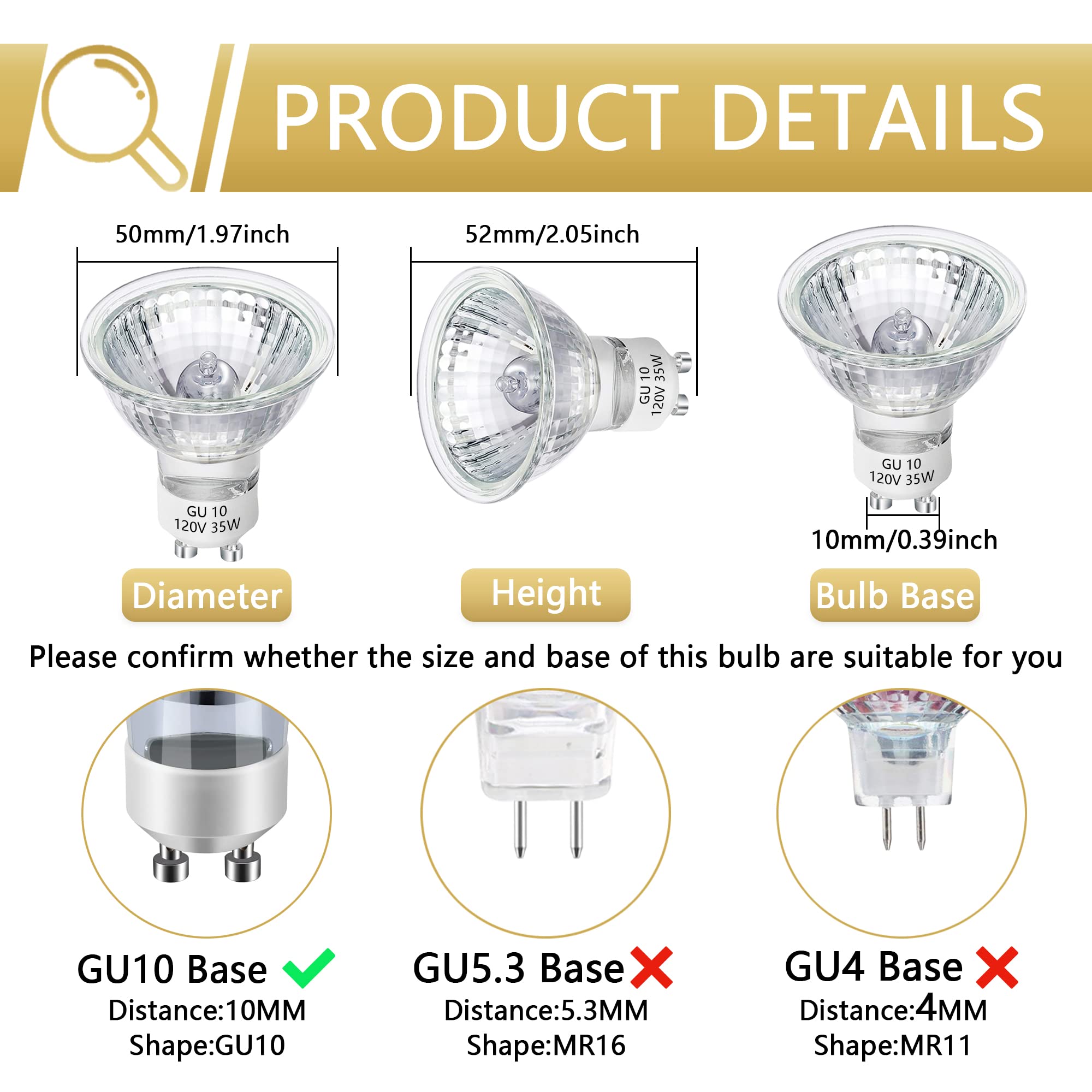 GU10 Halogen Bulb 35W Halogen Bulb 6 Packs, 120v Dimmable, 2700k Warm White Light, GU10+C MR16 Halogen Bulb, with Glass Cover, Long Service Life, Used for Track and Embedded Lighting, Range Hood