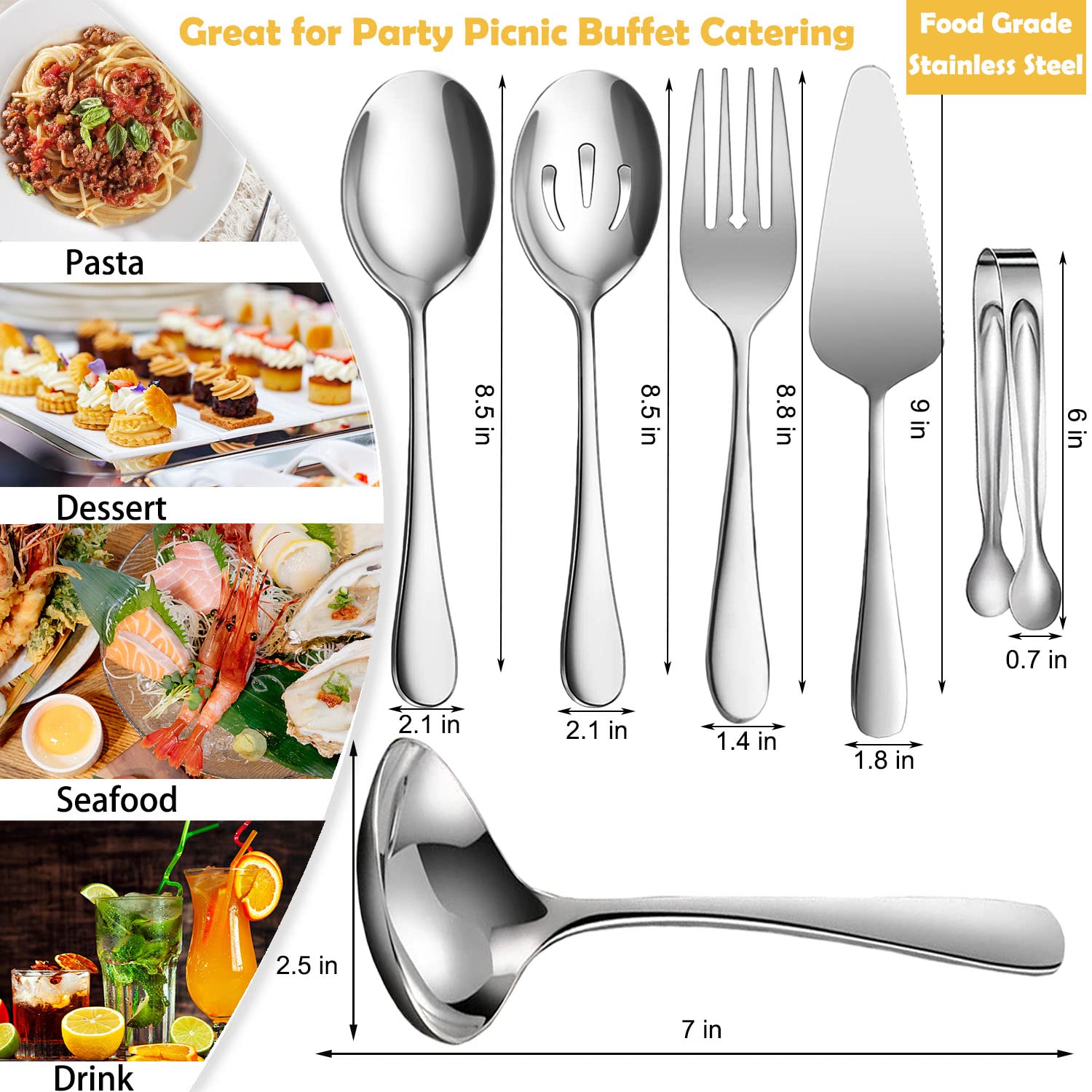 IAXSEE 6 PCS Stainless Steel Serving Utensils, Large Serving Spoons Slotted Spoons, Forks, Ice Suger Tongs, Cake Server, Soup Ladle, Metal Utensils Set Great for Buffet Catering Banquet Party, Silver