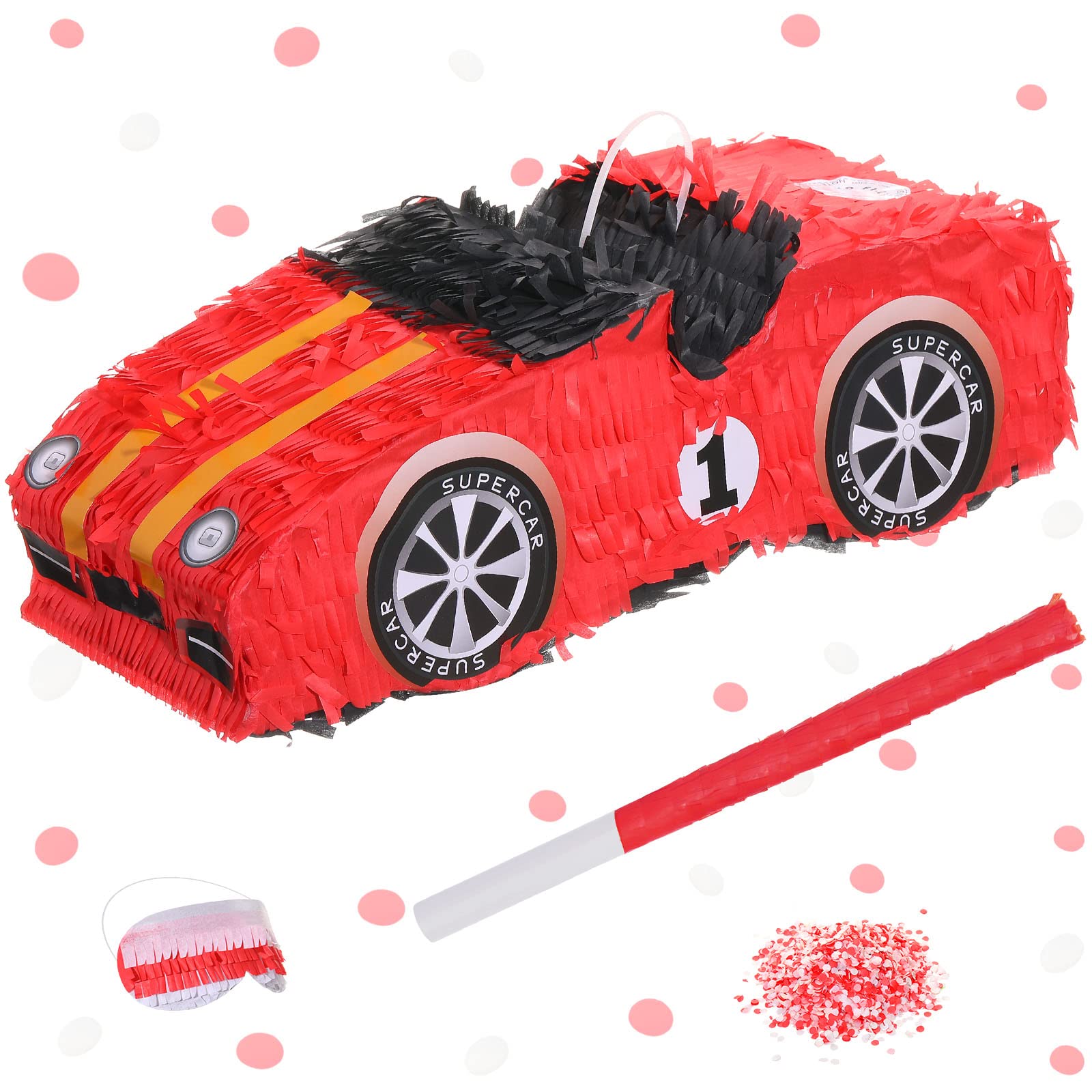 Race Car piñata with Blindfold Bat Confetti, 16 x 5 x 7'' 3D Car piñata Mexican Race Car Birthday Party Supplies Exciting Race Car Party Games for Boy Girl Baby Shower Back To School Photo Booth Prop