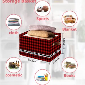 Red Black Plaid Bear Storage Bins 2 Pack, Large Waterproof Storage Baskets for Shelves Closet, Forest Wild Bear Silhouette Storage Basket Foldable Storage Box Cube Storage Organizer with Handles