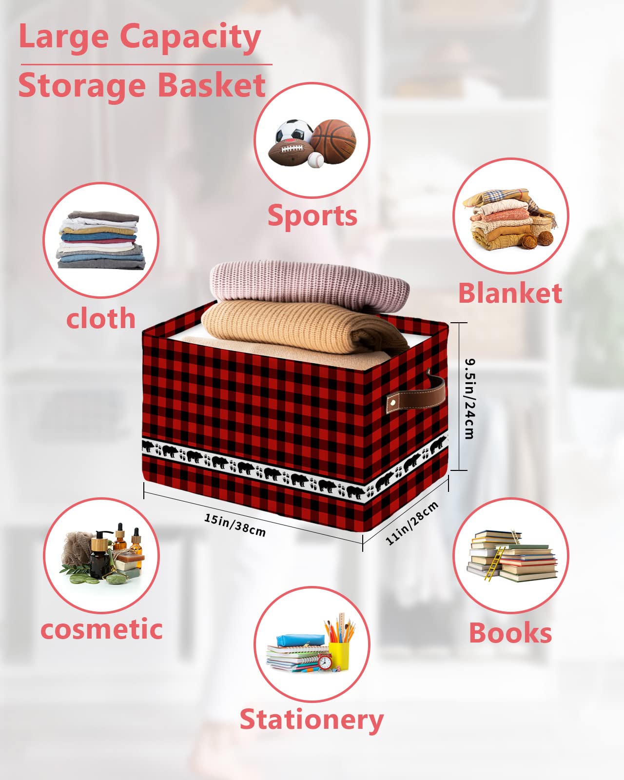 Red Black Plaid Bear Storage Bins 2 Pack, Large Waterproof Storage Baskets for Shelves Closet, Forest Wild Bear Silhouette Storage Basket Foldable Storage Box Cube Storage Organizer with Handles