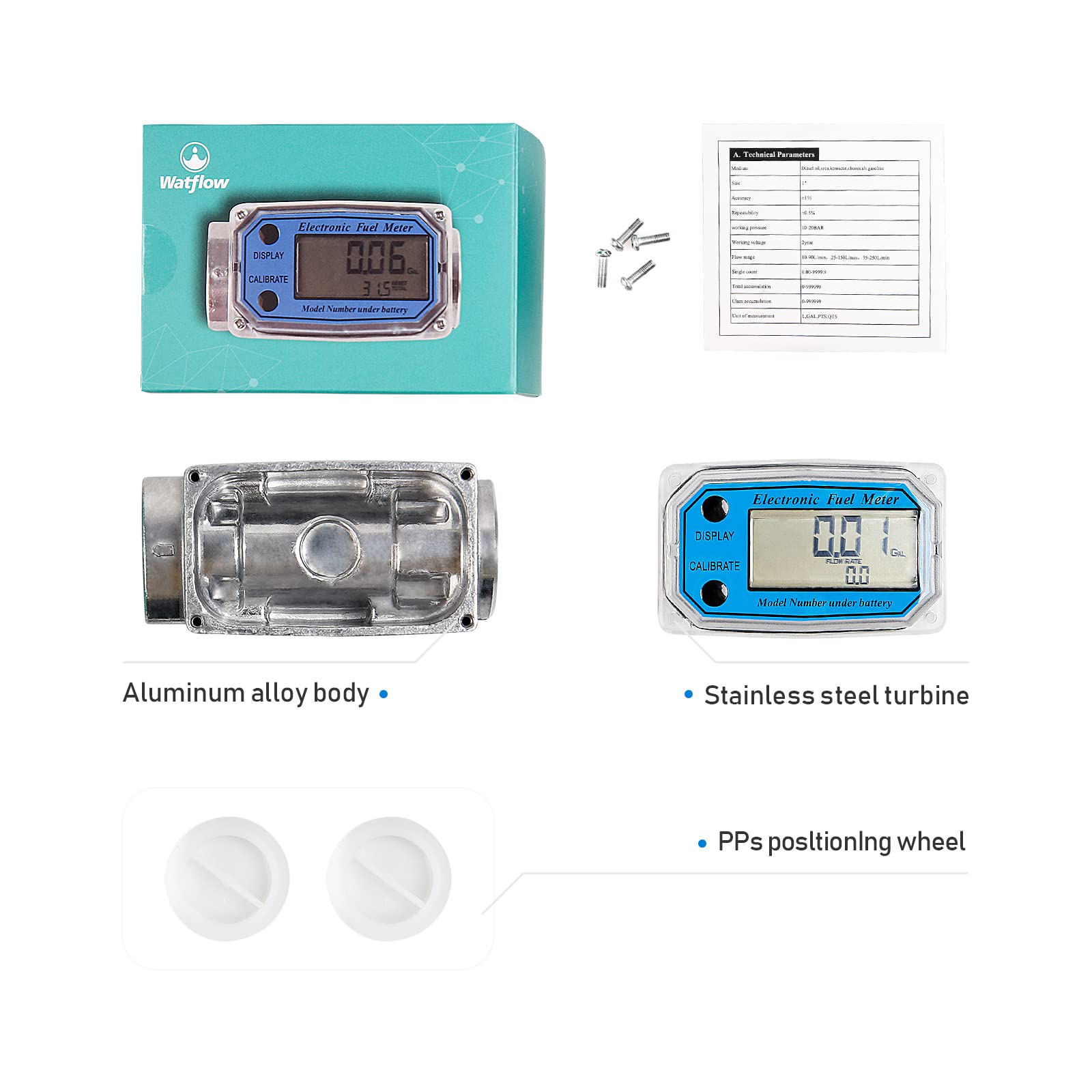 Watflow 1“NPT Turbine Flow Meter with Digital LCD Display for Measuring Diesel Kerosene Gasoline by Gallon, Aluminum Stainless Steel, Blue, 5-50GPM