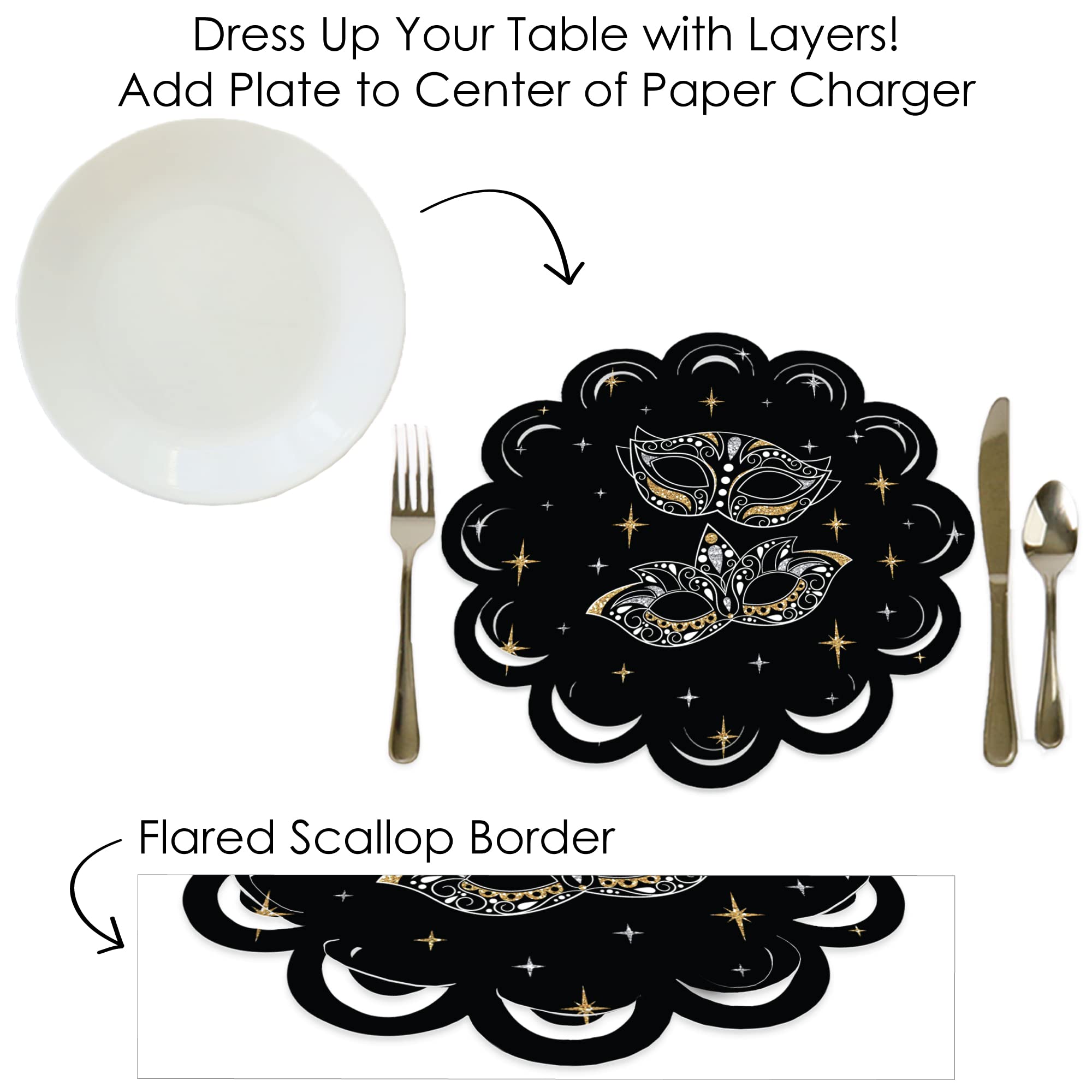 Big Dot of Happiness Masquerade - Venetian Mask Party Round Table Decorations - Paper Chargers - Place Setting for 12