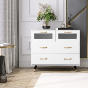 YIGOBUY Small White Dresser, Modern Dresser for Bedroom, 4 Drawer Double Dresser with Wide Drawer and Metal Handles, Wood Dressers & Chests of Drawers for Hallway, Entryway.