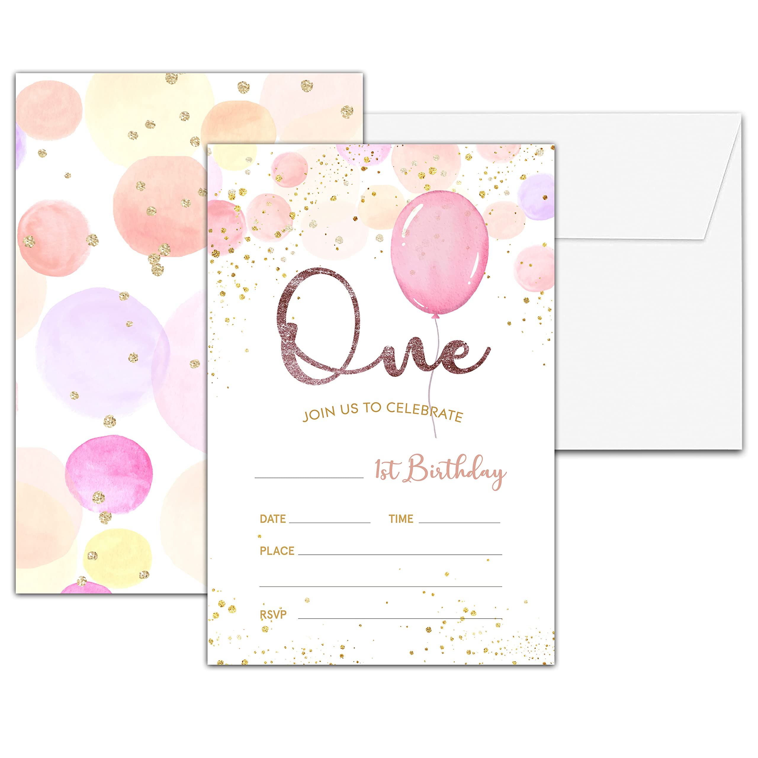 Chuxvon 1st Birthday Party Invitations, Balloon Glitter Birthday Invitations, Double-Sided Fill In Birthday Invites, Birthday Party Favors Decorations Supplies, 20 Cards With 20 Envelopes(Invite-A04)