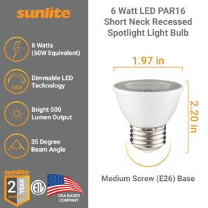 Sunlite LED PAR16 Dimmable, Short Neck Recessed Spotlight Light Bulb, 6-Watt, (50W Halogen Replacement) 500 Lumens, Medium E26 Base, 90 CRI, ETL Listed, 6 Count, 5000K Daylight