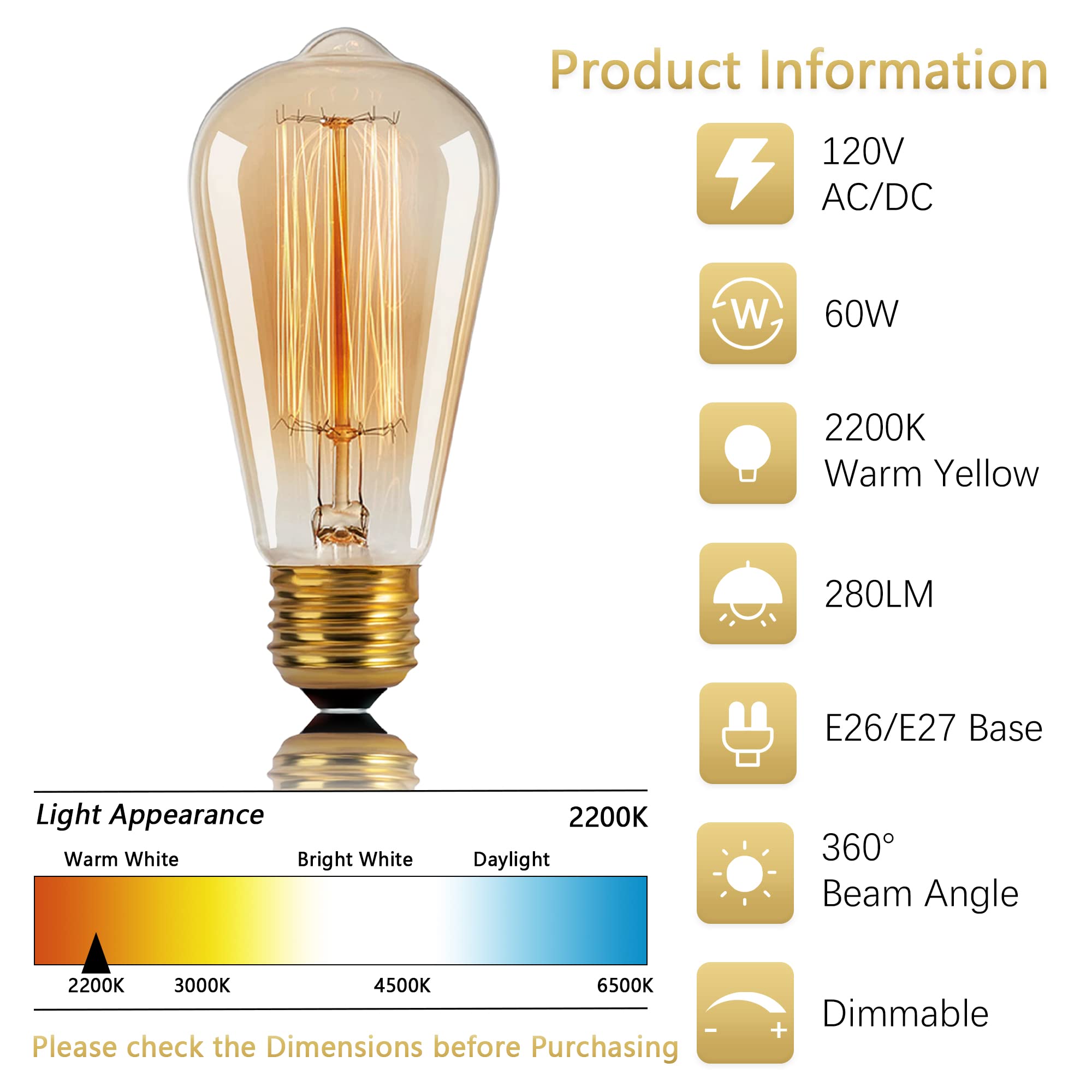 Figame ST64 Edison Bulb 60W 6 Packs, 110-130 Volts, E26/E27 Base Dimmable, Retro Edison Bulb 6 Packs, 2200k Amber Warm Yellow, Decorative Antique Filament Bulb Household Lighting Fixtures