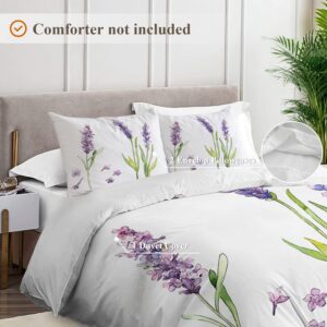 Shrahala Purple Plant Lavender Duvet Cover Set Queen Size, White Flowers Wildflower 3 Pieces Soft Brushed 100% Cotton Duvet Covers with Button Closure, 1 Duvet Cover 90x90 inches and 2 Pillow Shams