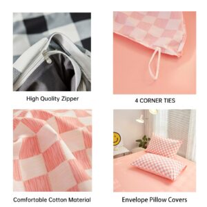 Pink Bedding Checkered Duvet Cover Set Twin, Soft 100% Washed Cotton Grid Plaid Duvet Cover Set, 4PCS 1 Quilt Cover+2 Pillow Covers+1 Flat Sheet, Checkered Cover Set Bedding Sets Collections