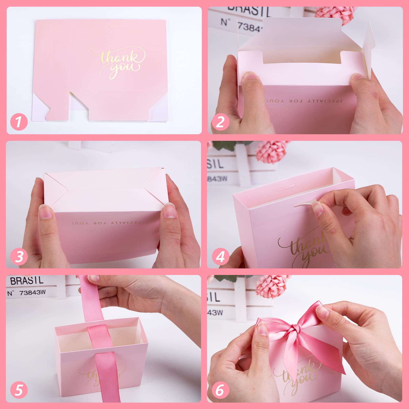 VGOODALL 24PCS Small Thank You Gift Bags, Mini Party Favor Bags Pink Candy Bags Treat Boxes Paper Gift Bags with Bow Ribbon for Wedding Bridal Baby Shower Birthday Party