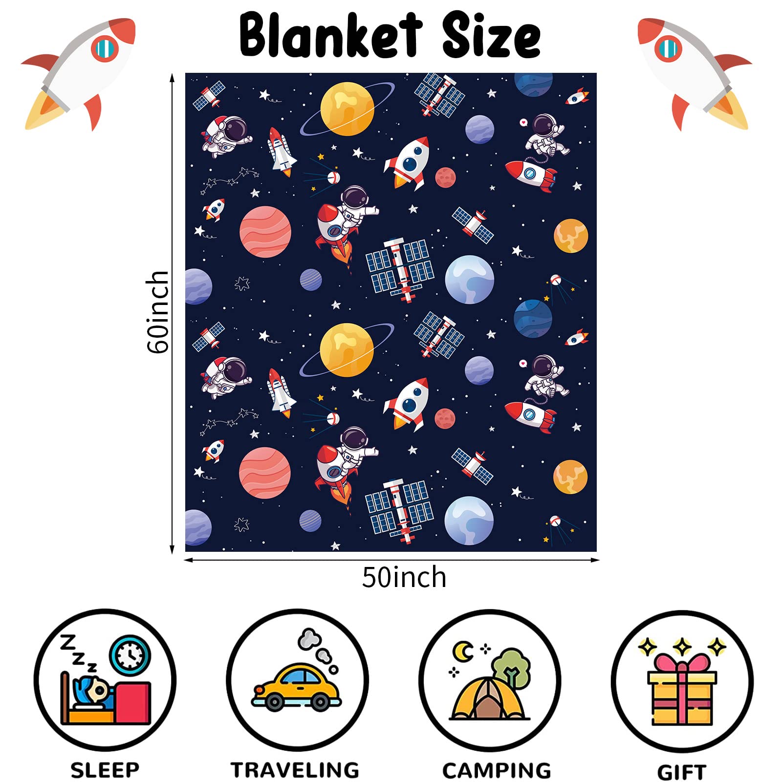 Outer Space Theme Throw Blanket for Kids, 50 x 60 Inch Blue Space Astronaut Rocket Fuzzy Plush Blanket for Boys Gift, Soft Galaxy Planet Spaceship Flannel Blanket for Children Teen Bed Couch Decor