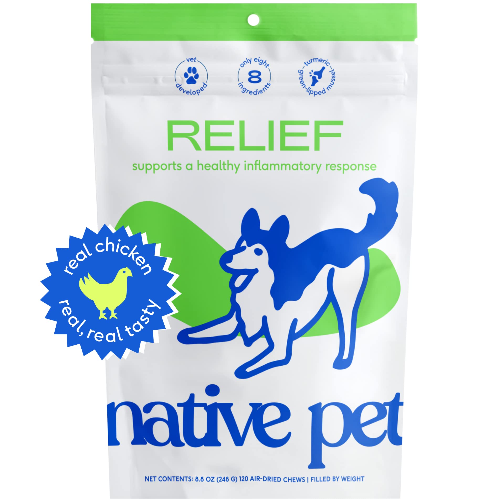 Native Pet Relief Chews - Anti Inflammatory for Dogs - Turmeric + Polyphenols + Green Lipped Mussels for Dogs - Natural Relief for Dogs - Dog Arthritis Supplement & Dog Joint Pain Relief - 120 Chews