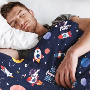 Outer Space Theme Throw Blanket for Kids, 50 x 60 Inch Blue Space Astronaut Rocket Fuzzy Plush Blanket for Boys Gift, Soft Galaxy Planet Spaceship Flannel Blanket for Children Teen Bed Couch Decor