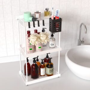 nature's source 3 tier iron bathroom organizer countertop with hair dryer holder, detachable cups and hooks- makeup organizer perfume for dresser vanity tray, spice rack organizer for kitchen (white)