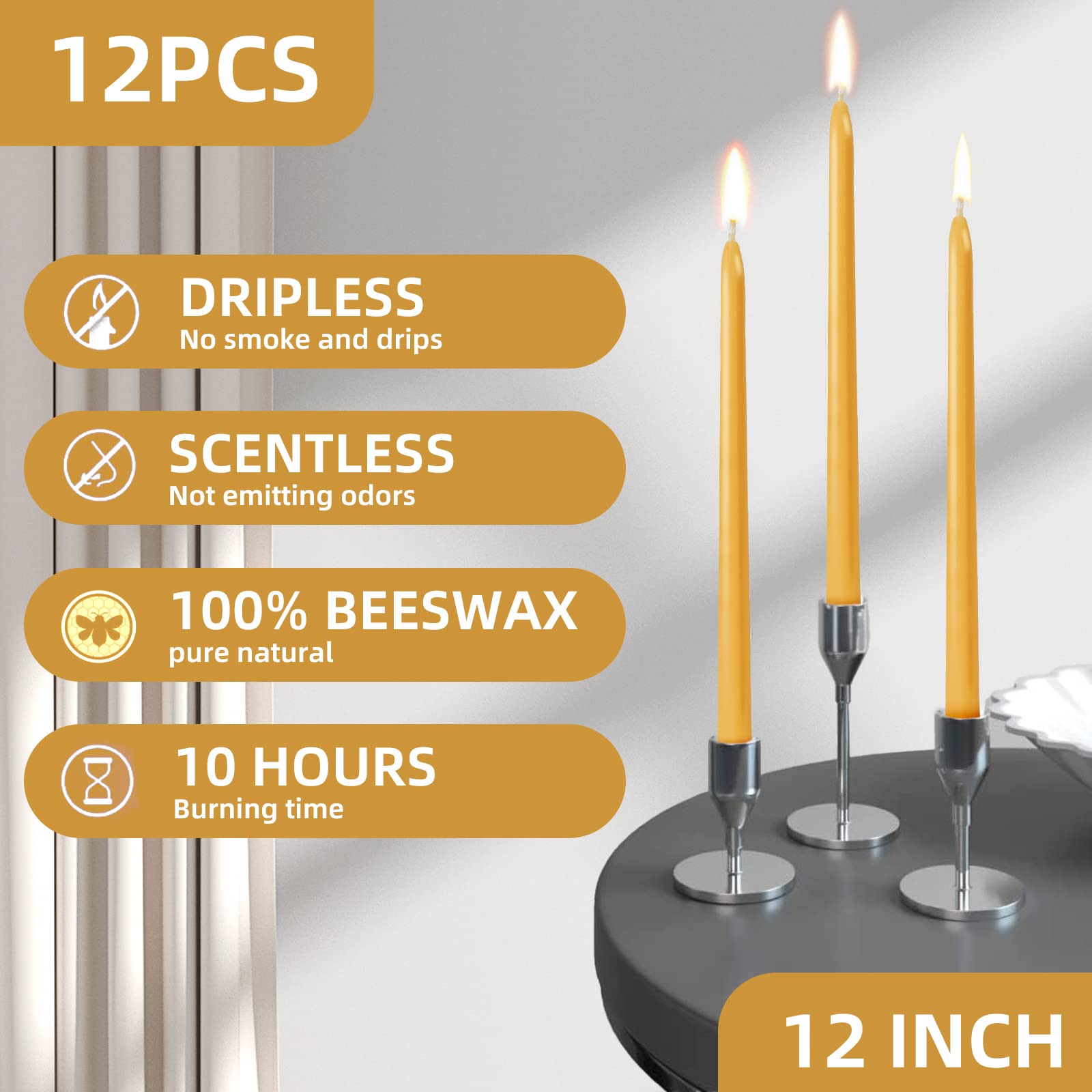 12 Pack Taper Beeswax Candles 12 Inch - Handcrafted, Dripless, and 10 Hours Long Burning Beeswax Candles for Elegant Dining, Relaxing, and Celebrating - Set The Mood with Natural Beeswax Candles