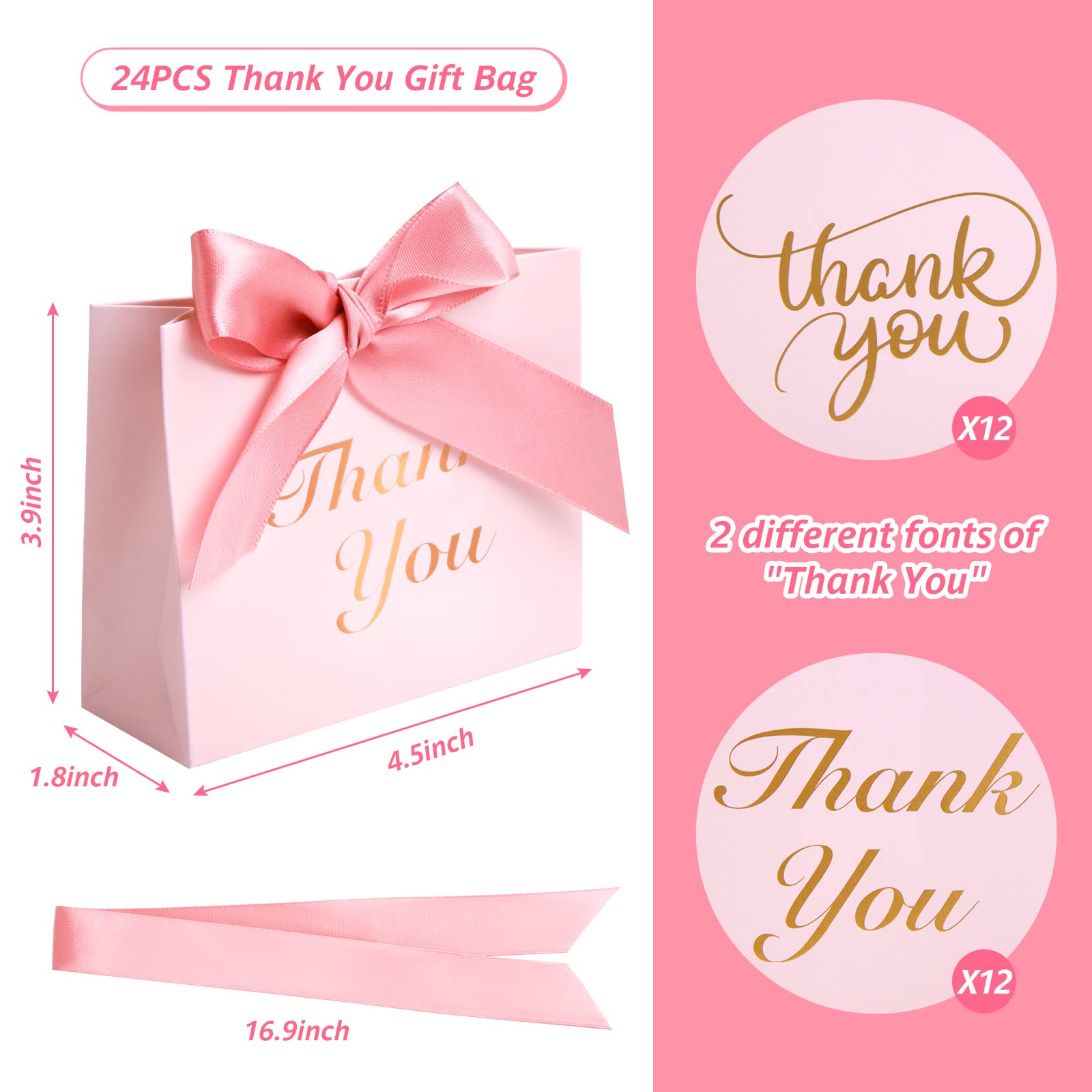 VGOODALL 24PCS Small Thank You Gift Bags, Mini Party Favor Bags Pink Candy Bags Treat Boxes Paper Gift Bags with Bow Ribbon for Wedding Bridal Baby Shower Birthday Party