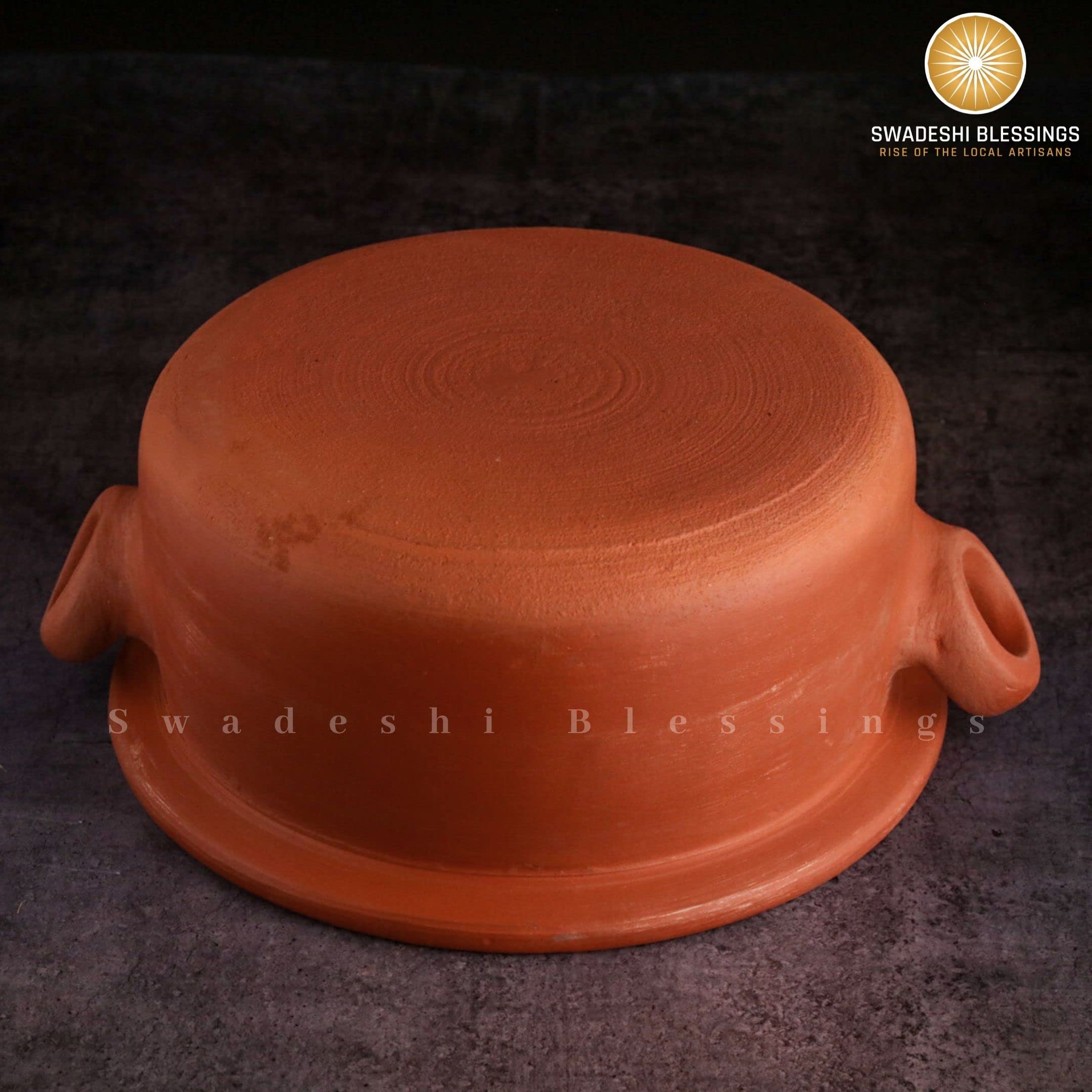 Swadeshi Blessings Exclusive Range Unglazed Clay Pot For Serving with Lid/Earthen Kadai/Mud Handi/Mitti Ke Bartan (With Mirror Shine) + PALM STAND & ASH For Cleaning (4.5 Liters)