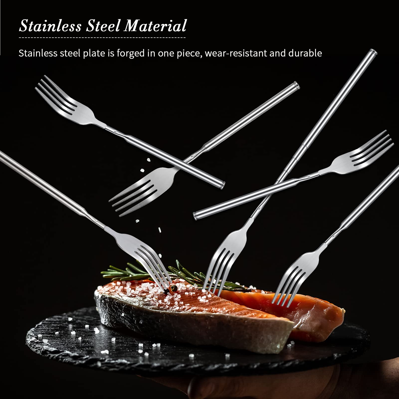 2 Pcs Dinner Extendable Fork Stainless Steel Adjustable BBQ Telescopic Extendable Dinner Fruit Dessert Long Handle Fork Cutlery Anti Rust Sturdy for Cooking Toasting Sausage Vegetable, 8.46-21.65 Inch