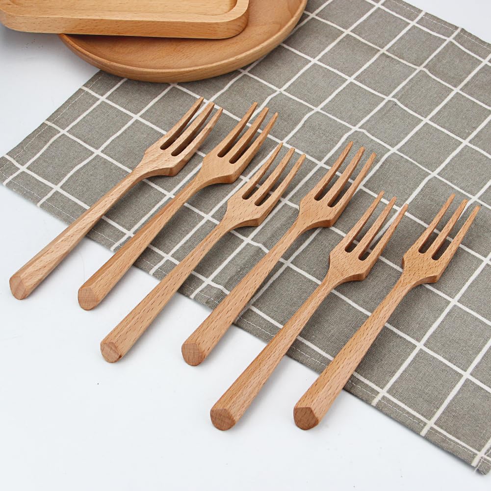 Wood Forks,AYFDISHS 5 Pieces Reusable Wooden Fork for Eating,7.5Inch Japanese Wood Salad Dinner Forks,Eco-friendly Wooden Flatware Set for Cooking, Dessert, Fruits, Salad