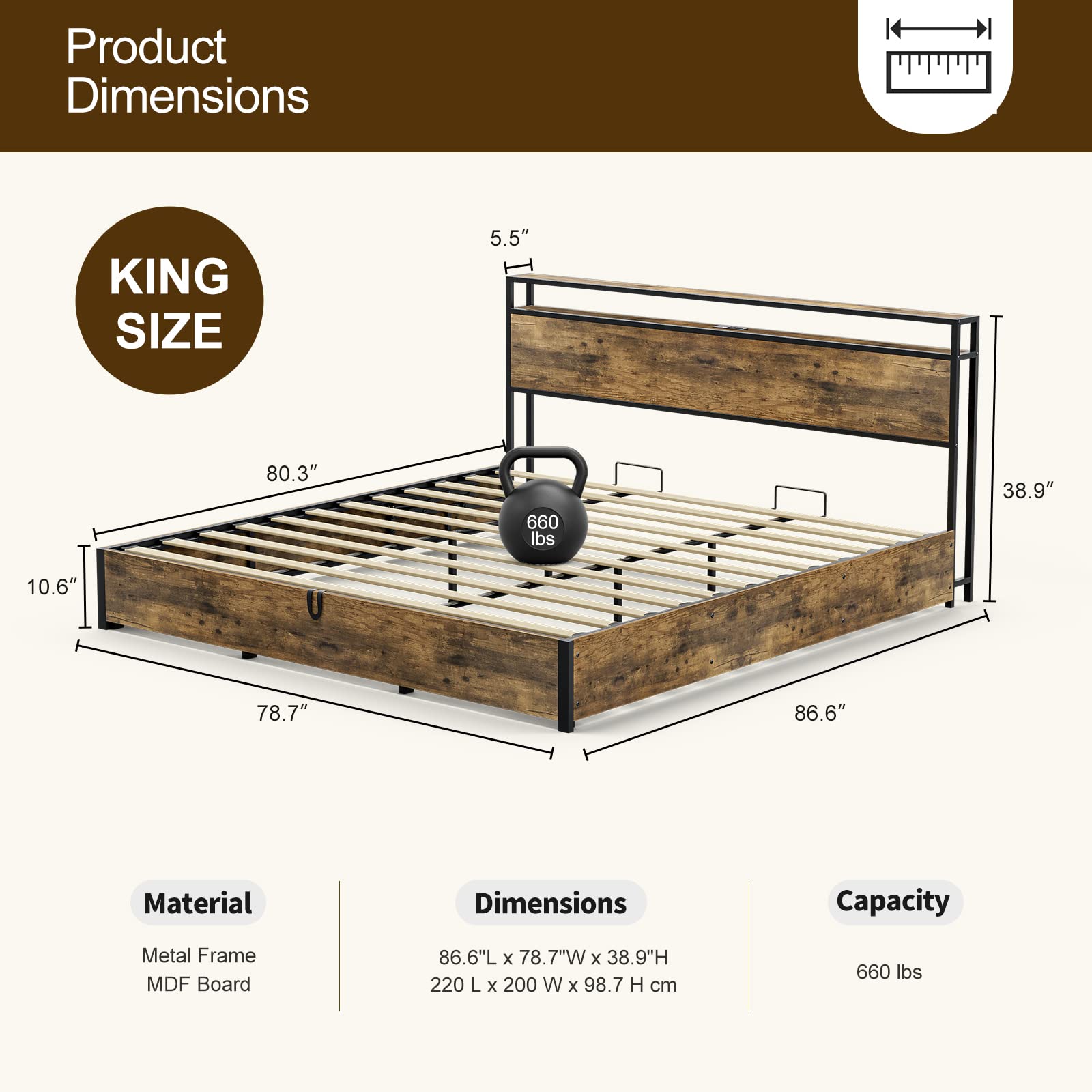 IKIFLY King Size Lift Up Storage Bed, Metal King Platform Bed Frame with 2-Tier Storage Shelf Headboard & Charging Station, Solid Wood Slats, No Box Spring Needed, Easy Assembly, Rustic Brown