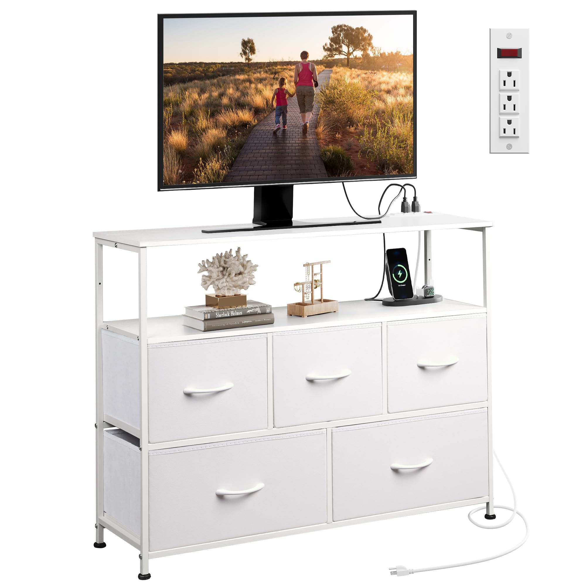 WLIVE Dresser TV Stand for 45 inch TV, White Fabric Dressers for Bedroom with 5 Drawers, Entertainment Center with Open Shelf and Power Outlet, TV Stands for Living Room, Closet