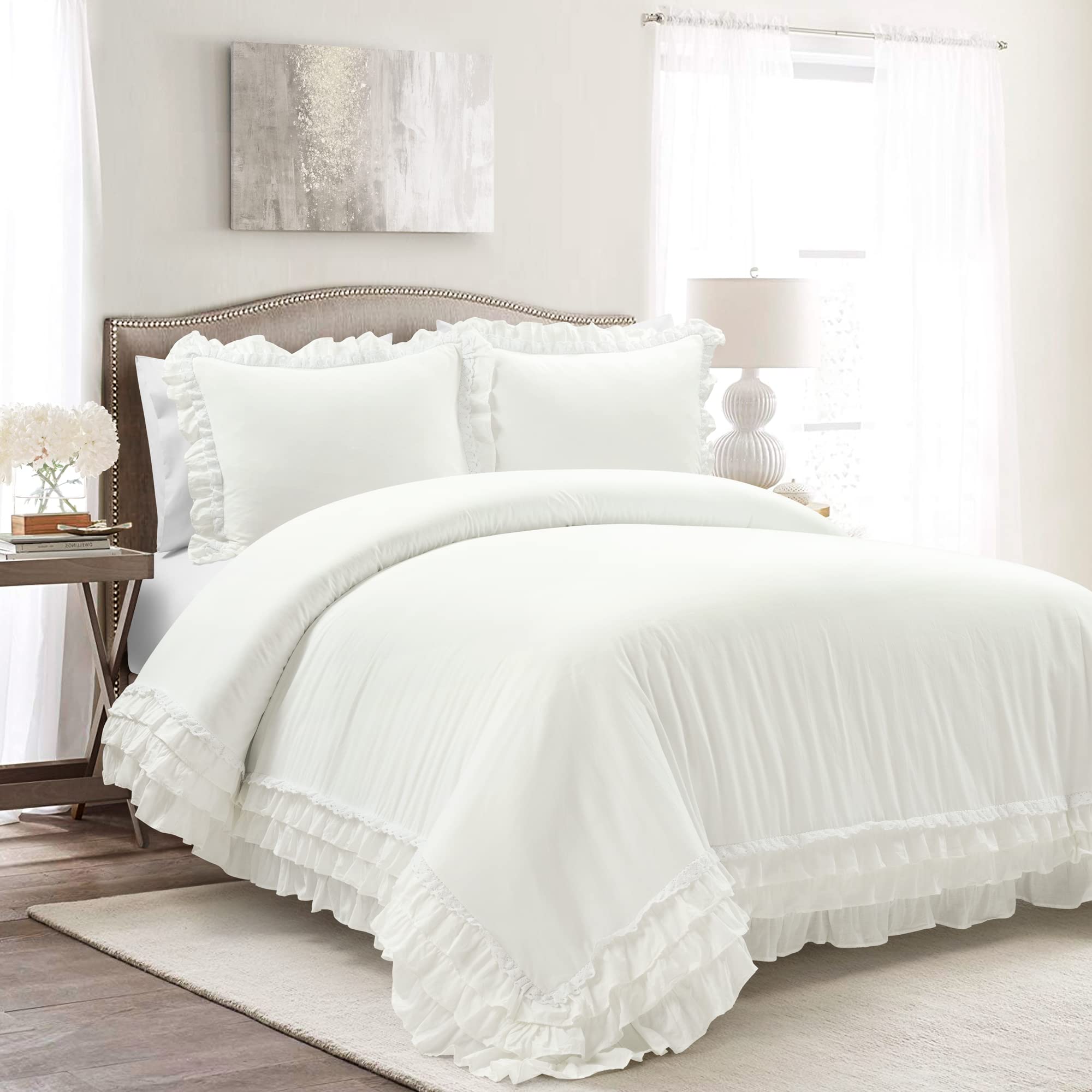 Lush Decor Ella Ruffle Lace 100% Cotton 3 Piece Duvet Cover Set, Full/Queen, White