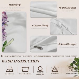 Shrahala Purple Plant Lavender Duvet Cover Set Queen Size, White Flowers Wildflower 3 Pieces Soft Brushed 100% Cotton Duvet Covers with Button Closure, 1 Duvet Cover 90x90 inches and 2 Pillow Shams