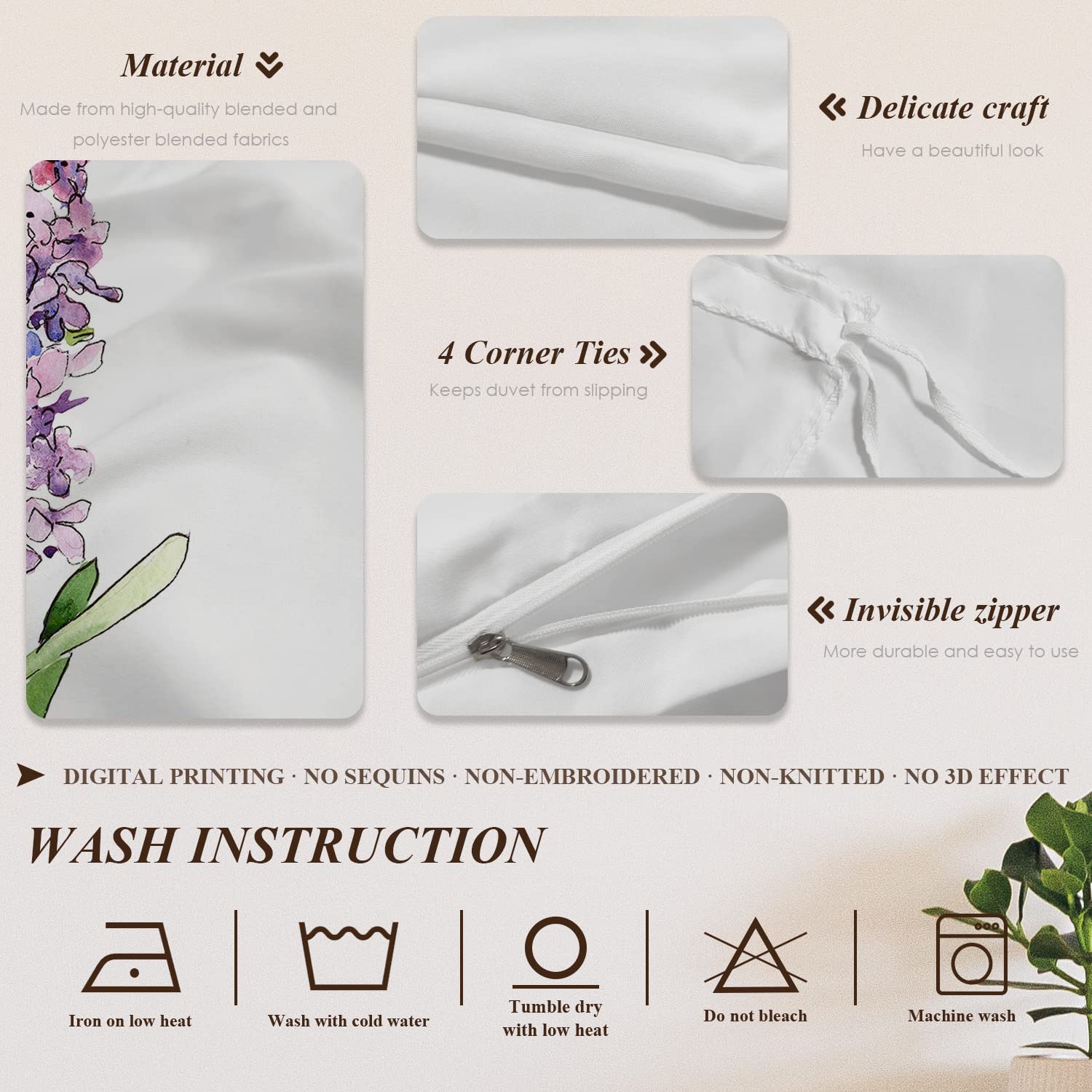 Shrahala Purple Plant Lavender Duvet Cover Set Queen Size, White Flowers Wildflower 3 Pieces Soft Brushed 100% Cotton Duvet Covers with Button Closure, 1 Duvet Cover 90x90 inches and 2 Pillow Shams