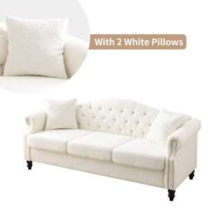 CALABASH 80" Chesterfield Sofa Teddy Tufted Couch with Two Pillows,3 Seater Sofa with Rolled Arms and Nailhead for Living Room, Bedroom, Office, Apartment(Teddy White, Sofa)