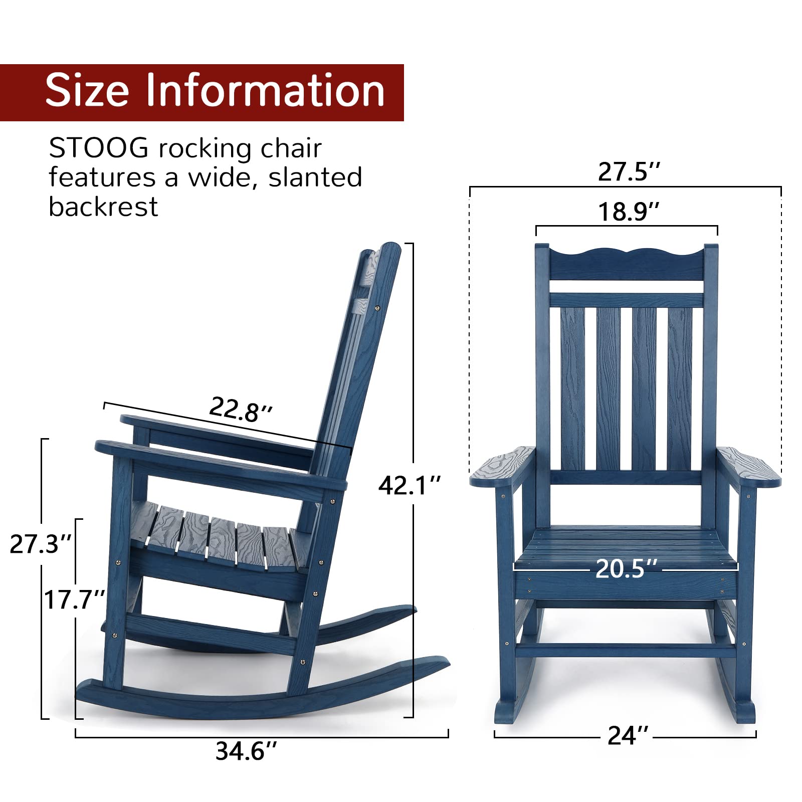 Stoog All-Weather Outdoor Rocking Chair, Porch Rocker with 400 lbs Weight Capacity, for Backyard, Fire Pit, Lawn, Garden and Indoor, Blue