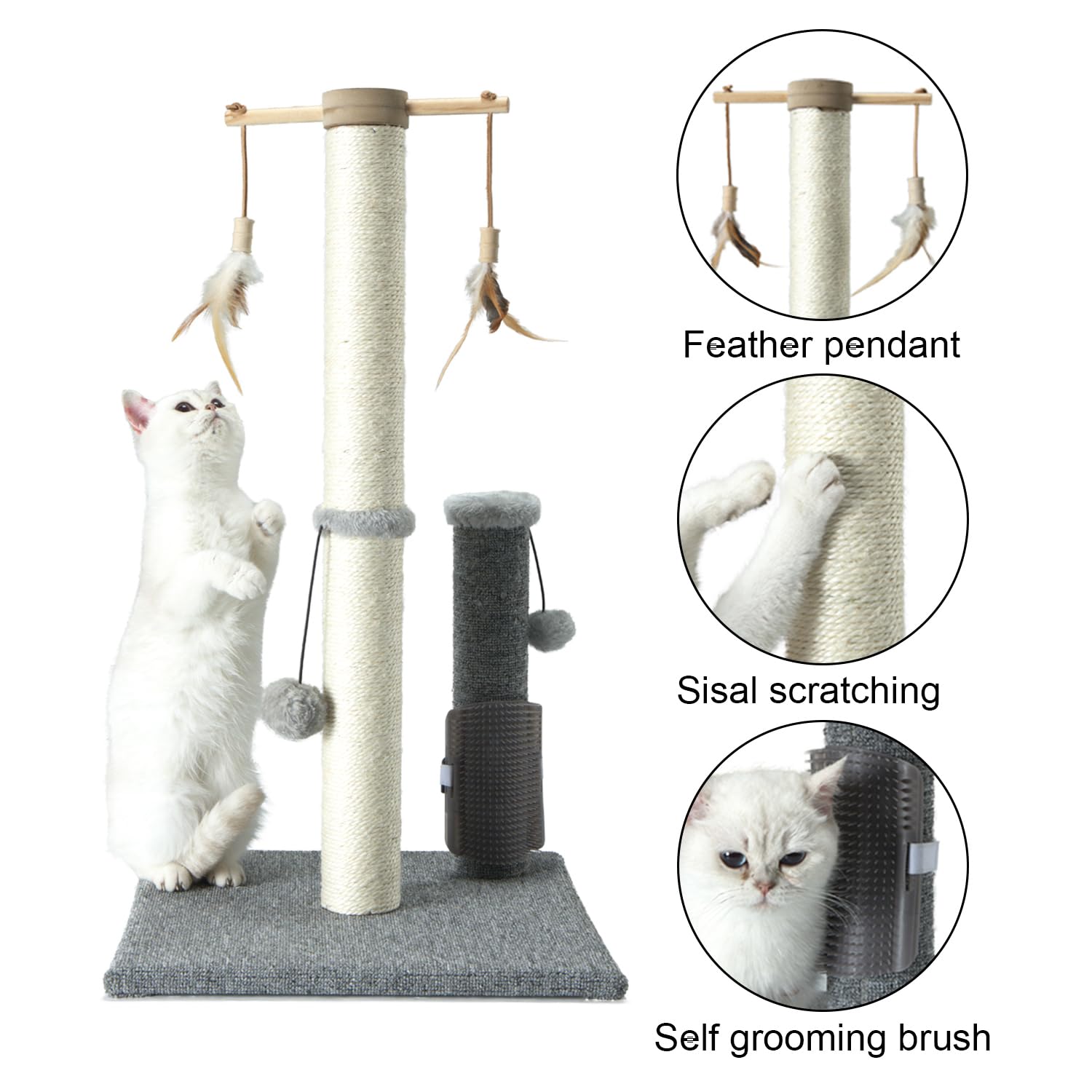 PAWSFANS Cat Scratching Post,Sisal Scratch Posts Vertical Scratcher for Indoor Cats and Kittens,with self Grooming Bursh and Interactive Toys 30 Inches Tall Grey