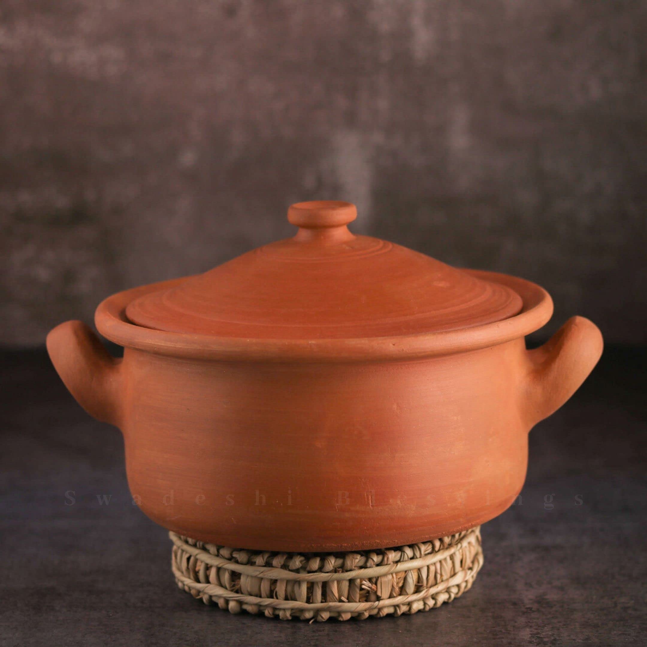 Swadeshi Blessings Exclusive Range Unglazed Clay Pot For Serving with Lid/Earthen Kadai/Mud Handi/Mitti Ke Bartan (With Mirror Shine) + PALM STAND & ASH For Cleaning (4.5 Liters)