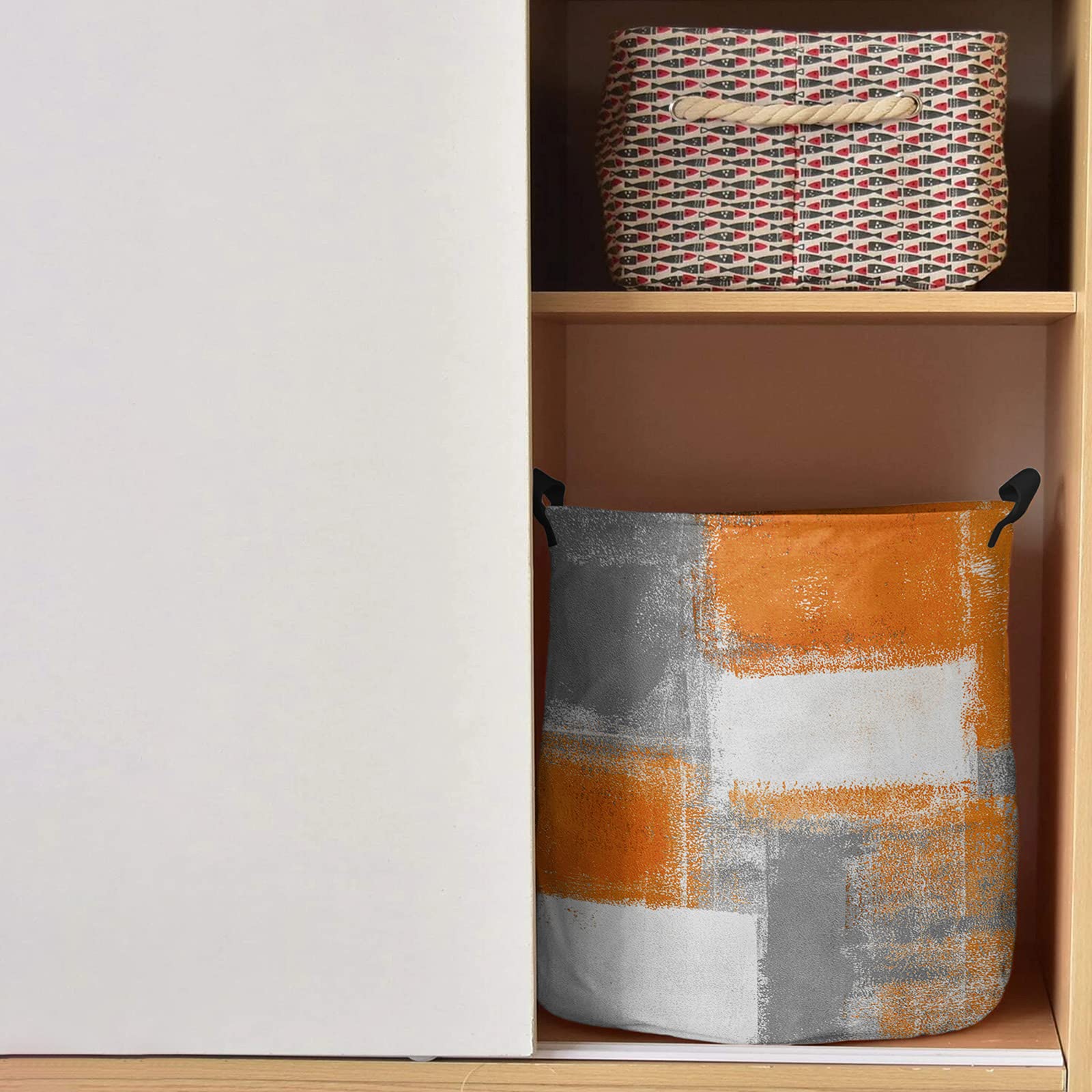 Orange Grey Oil Painting Laundry Basket 16.5"x17" Waterproof Laundry Hamper, Burnt Orange Geometric Abstract Art Collapsible Toys Blankets Storage Baskets Clothes Hamper for Bedroom Living Room