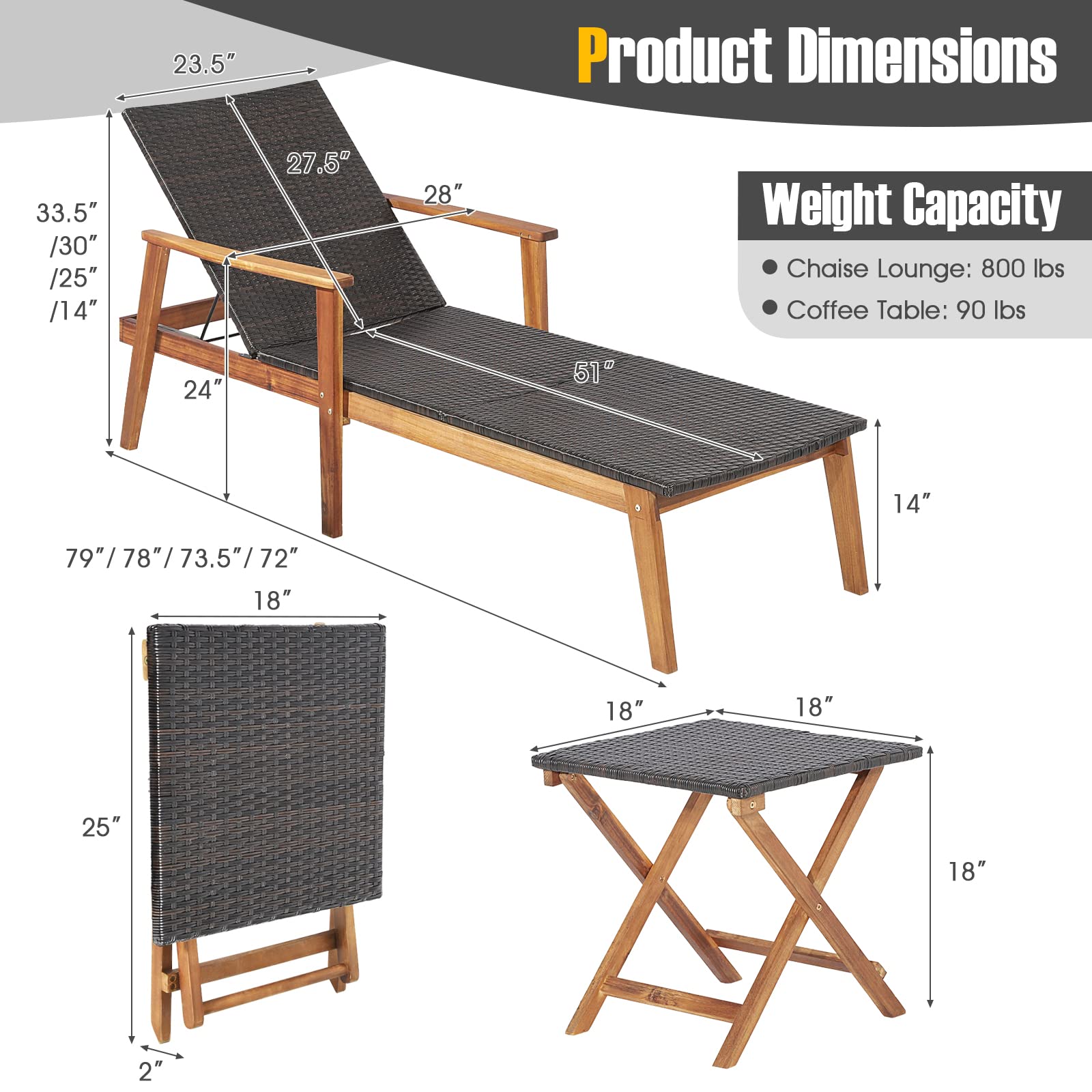 Tangkula 2 Piece Patio Chaise Lounge & Table Set, Outdoor Rattan Recliner w/Folding Side Table, 4-Level Adjustable Backrest, Solid Acacia Wood Frame, Recliner & Table Set for Backyard (Mix Brown)