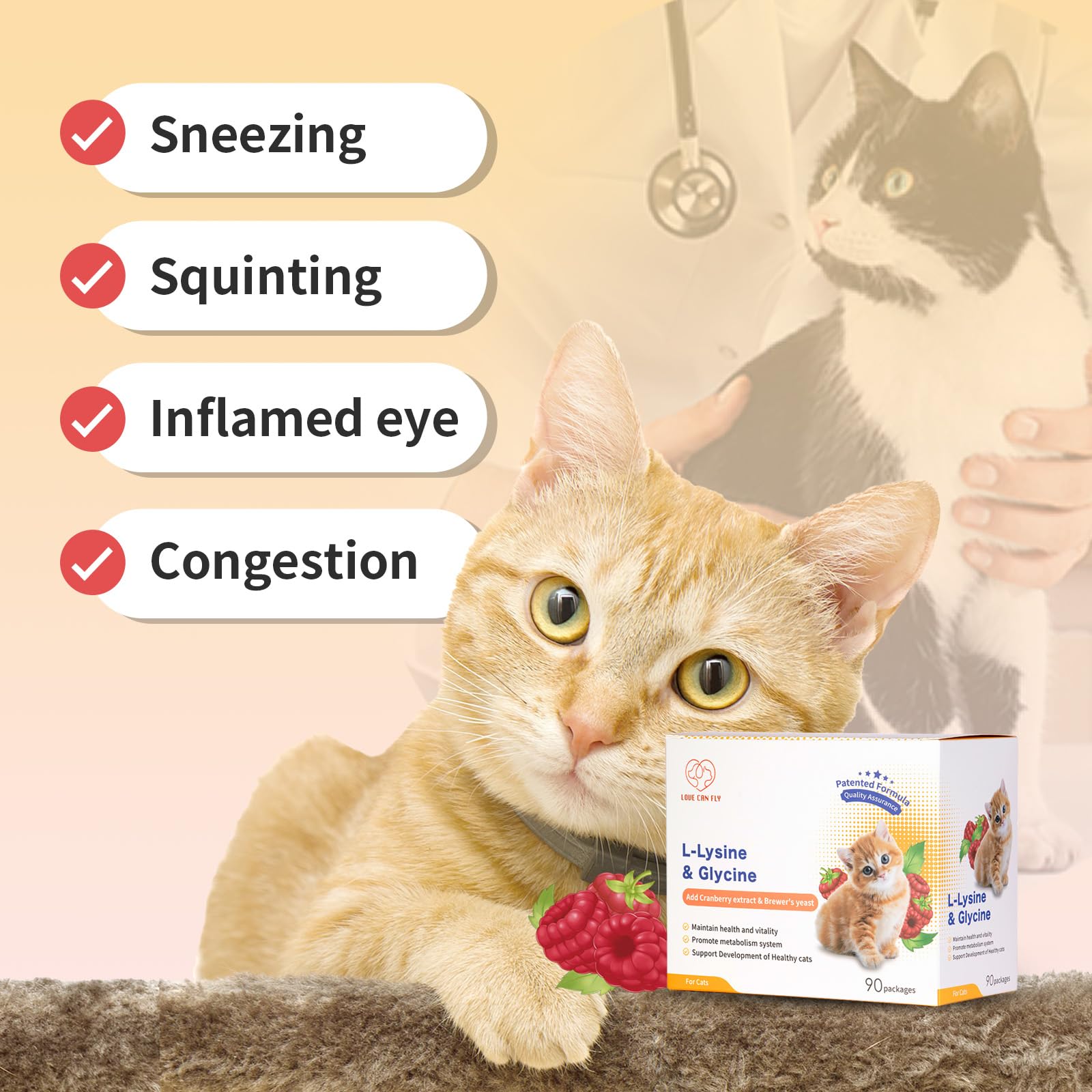 Cat L-Lysine Immune Supplement Antioxidan Essential Amino Acids Respiratory Cranberry Urinary Track Health Support Squinting Sneezing Runny Nose Squinting, Watery Eyes - 90 Packs