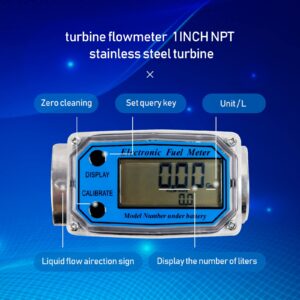 Watflow 1“NPT Turbine Flow Meter with Digital LCD Display for Measuring Diesel Kerosene Gasoline by Gallon, Aluminum Stainless Steel, Blue, 5-50GPM