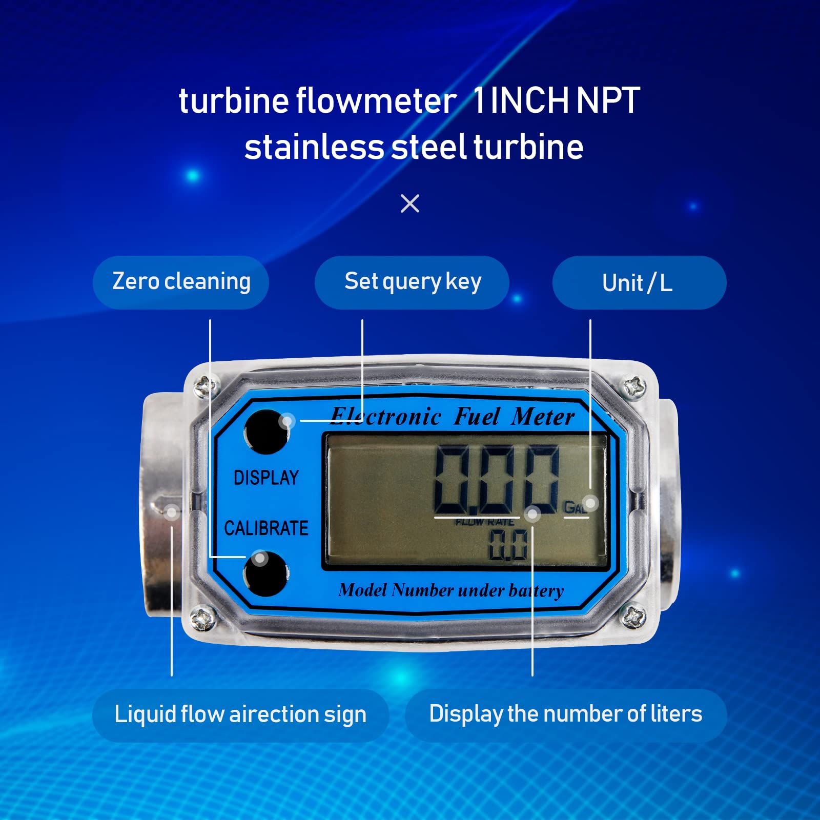 Watflow 1“NPT Turbine Flow Meter with Digital LCD Display for Measuring Diesel Kerosene Gasoline by Gallon, Aluminum Stainless Steel, Blue, 5-50GPM