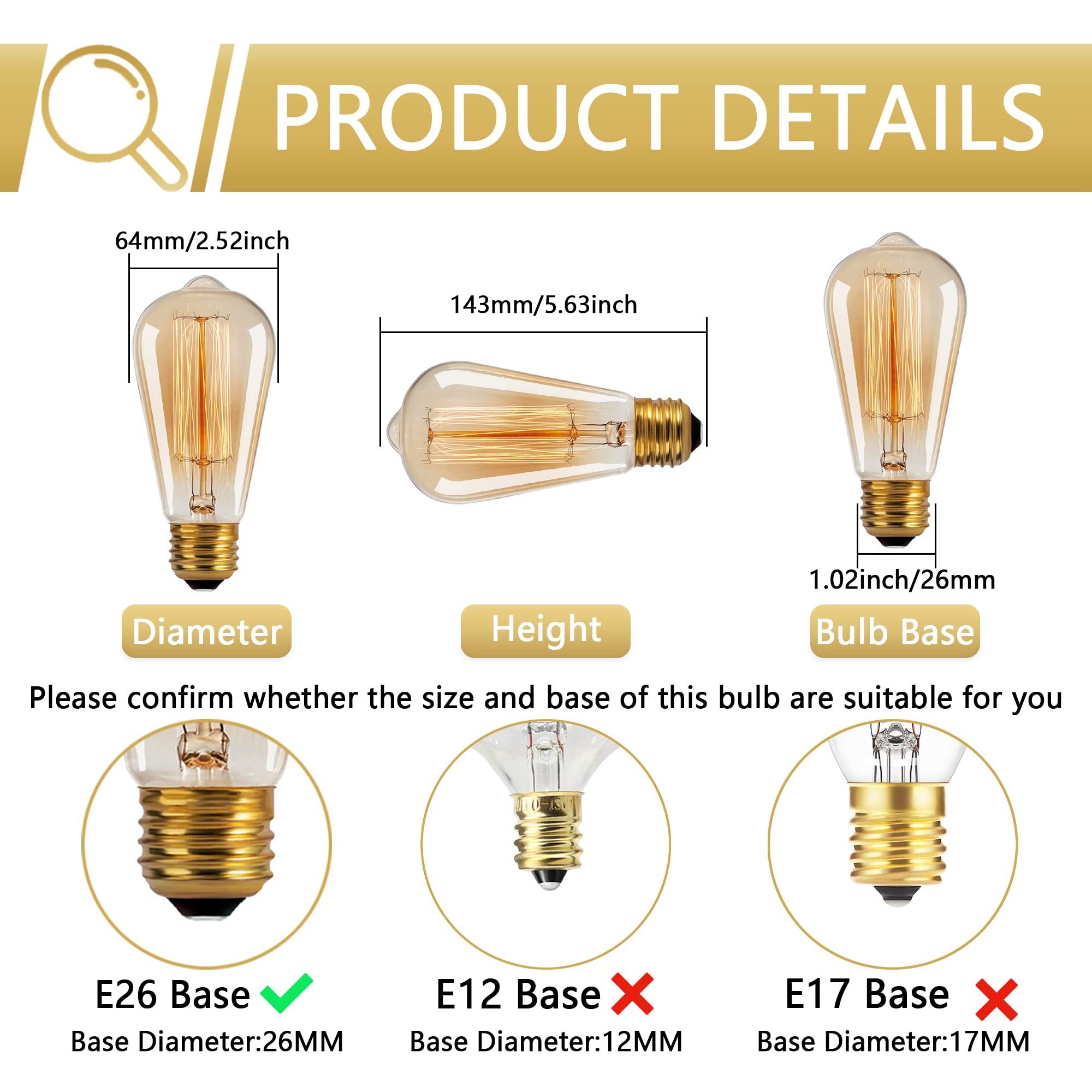 Figame ST64 Edison Bulb 60W 6 Packs, 110-130 Volts, E26/E27 Base Dimmable, Retro Edison Bulb 6 Packs, 2200k Amber Warm Yellow, Decorative Antique Filament Bulb Household Lighting Fixtures