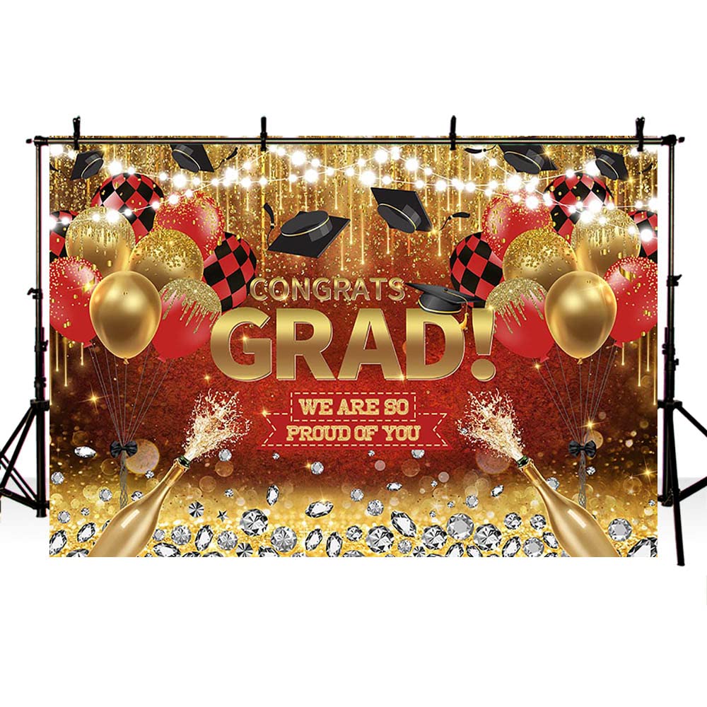 AIBIIN 7x5ft Congrats Grad Backdrop Red Gold Glitter Diamond Graduation Photography Background Class of 2023 Celebration Prom Party Decorations Congratulations on Graduation Banner Photoshoot Props