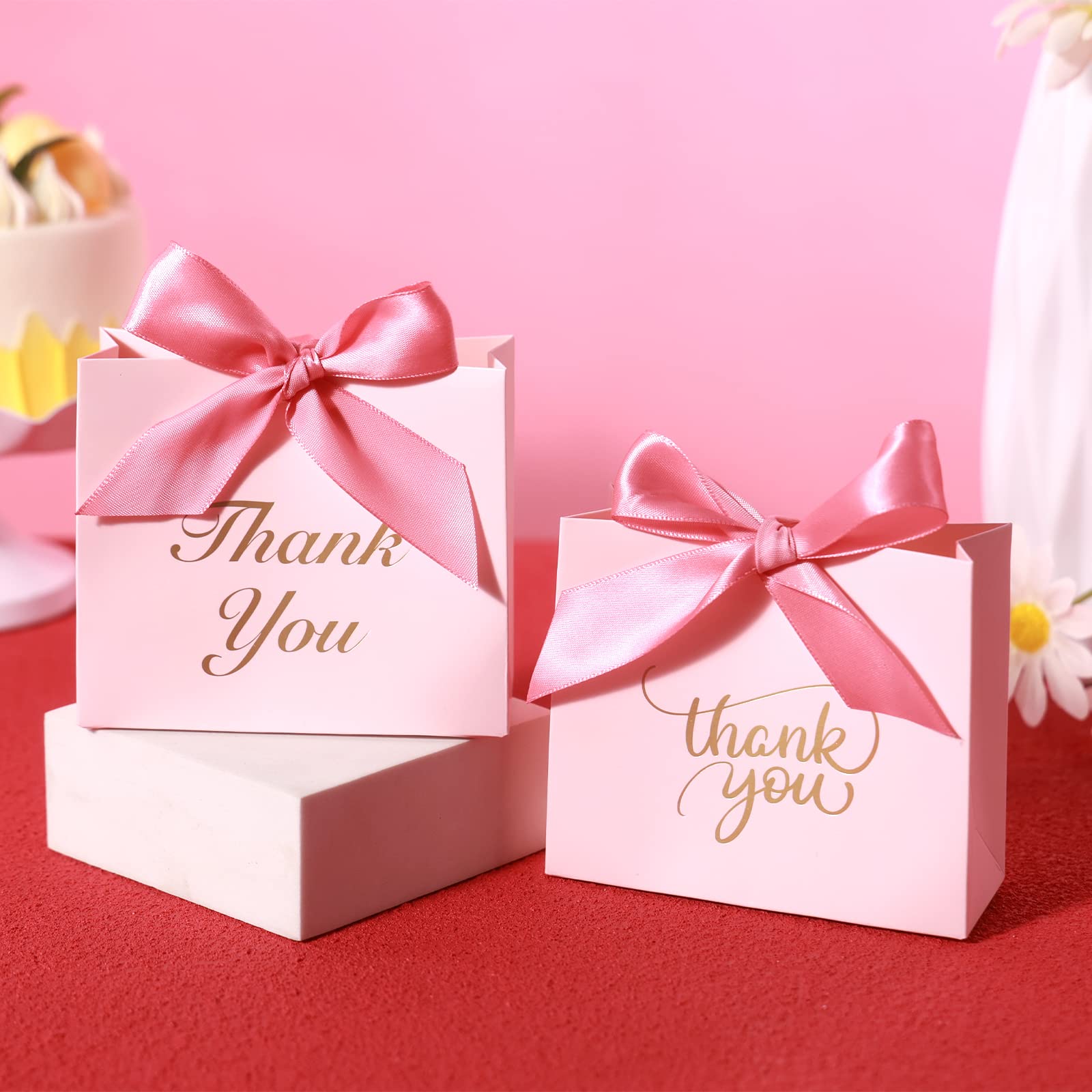 VGOODALL 24PCS Small Thank You Gift Bags, Mini Party Favor Bags Pink Candy Bags Treat Boxes Paper Gift Bags with Bow Ribbon for Wedding Bridal Baby Shower Birthday Party