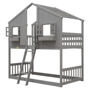 MERITLINE Twin Over Twin House Bunk Bed, Wood Floor Bunk Bed Frame with Roof, Window, Window Box & Door, Twin Bunk Bed for Kids Boys Girls Teens (Grey)