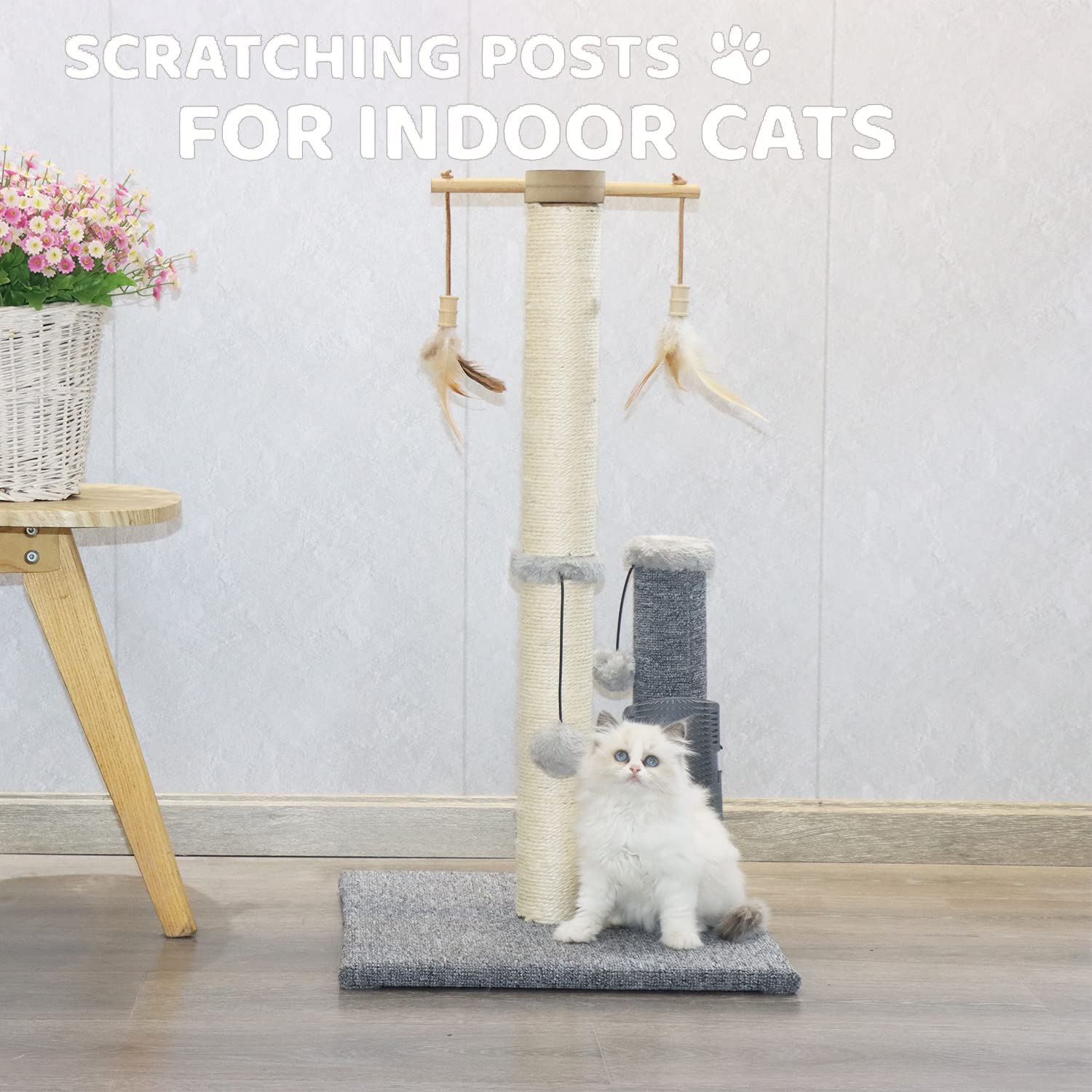 PAWSFANS Cat Scratching Post,Sisal Scratch Posts Vertical Scratcher for Indoor Cats and Kittens,with self Grooming Bursh and Interactive Toys 30 Inches Tall Grey