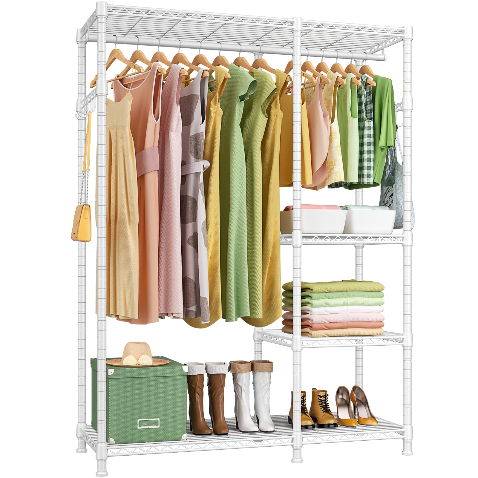 Ulif F4 Heavy Duty Clothes Rack（With Hanger Rod ） Freestanding Clothing Racks for Hanging Clothes，Adjustable Closet Organizer System，Portable Garment Rack 45" W x 15" D x 70" H，Max Load 500LBS，White