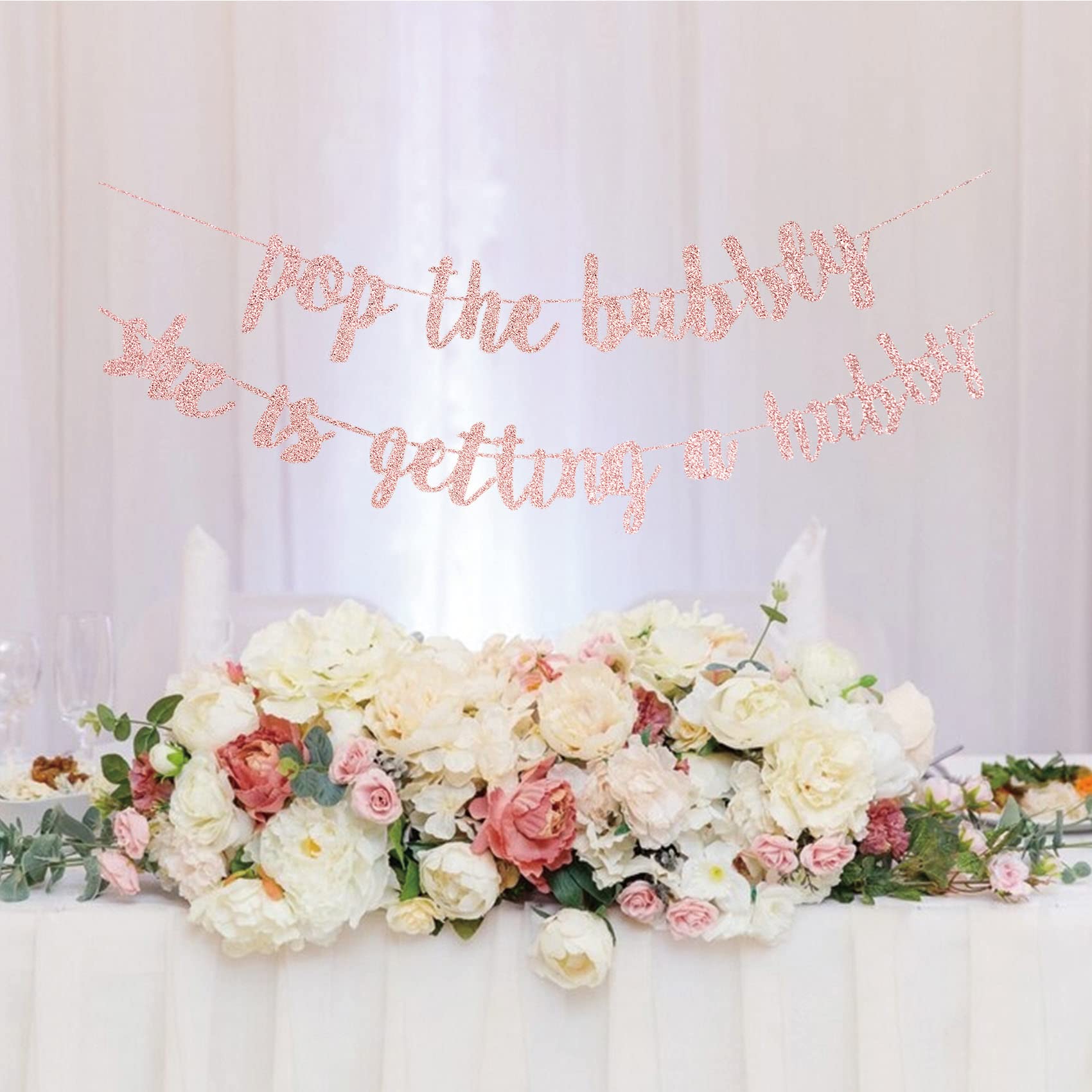 Engagement Party Decorations Rose Gold Bridal Shower, Bachelorette Banner “Pop The Bubbly She is Getting a Hubby” Wedding Girls Night Out Golden Photo Props Bride to be Backdrop Decor Supplies Favors