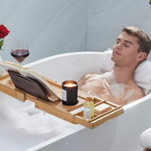 Luxurious Bamboo Bathtub Tray for Tub - Expandable Bath Tray for Bathtub Accessories, Seats One or Two People - Durable Bathtub Caddy Holds Tablet/Book, Phone, Wineglass