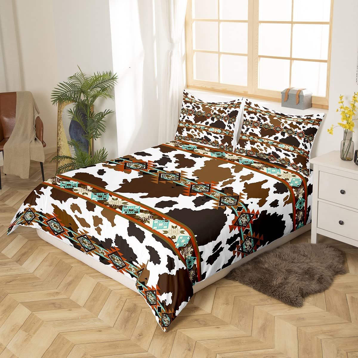 Erosebridal Cowhide Comforter Cover Brown Highland Cow Print Duvet Cover,Western Bedding Sets Queen Exotic Aztec Bed Set,Farmhouse Wild Animals Longhorn Skin Room Decor Cowboys Gifts for Men